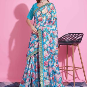 Blue Vichitra Silk Digital Print Work Contemporary Sari