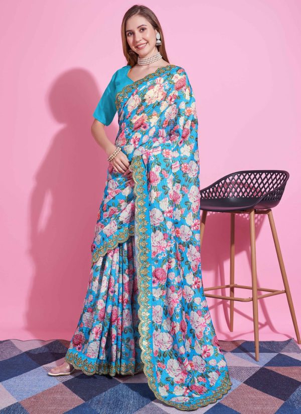 Blue Vichitra Silk Digital Print Work Contemporary Sari
