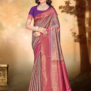 Brown and Purple Digital Print Work Silk Traditional Saree