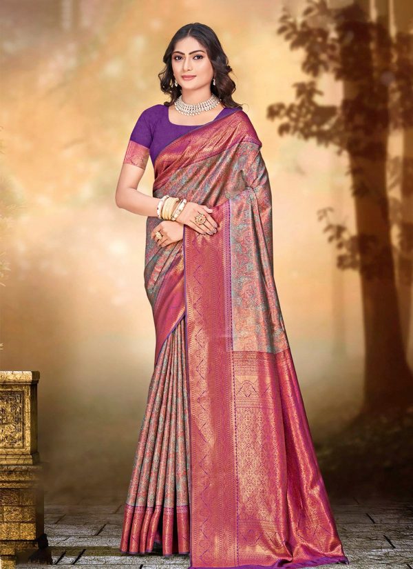 Brown and Purple Digital Print Work Silk Traditional Saree