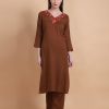 Brown Cotton Casual Kurti with Hand and Thread Work for Casual