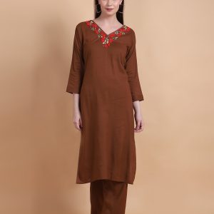 Brown Cotton Casual Kurti with Hand and Thread Work for Casual
