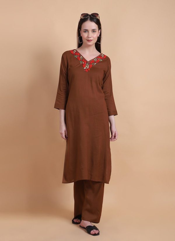 Brown Cotton Casual Kurti with Hand and Thread Work for Casual