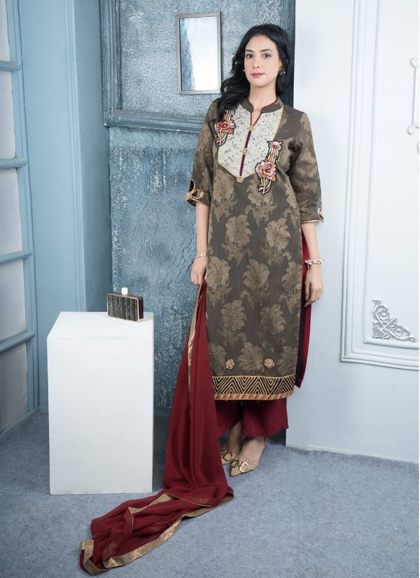 Brown Handloom Silk Gota and Hand Work Palazzo Salwar Suit for Women