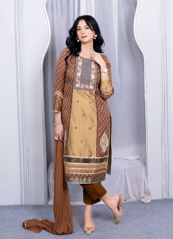Brown Handloom Silk Pant Style Suit with Embroidered and Resham Work