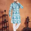 Celestial Aqua Blue Cotton Kurta Pyjama with Patch Border and Print Work