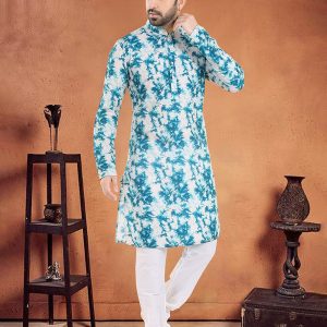 Celestial Aqua Blue Cotton Kurta Pyjama with Patch Border and Print Work