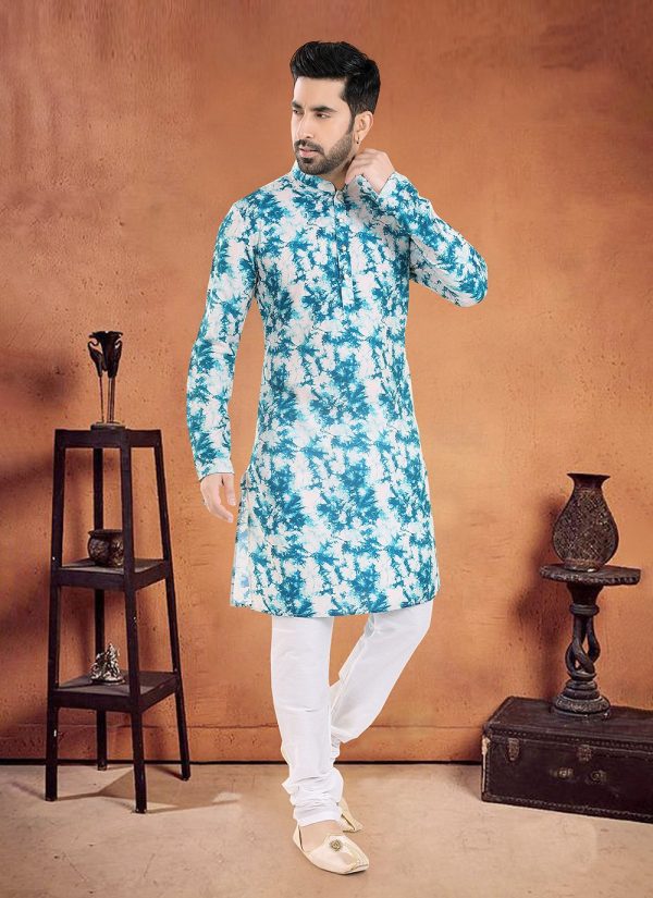 Celestial Aqua Blue Cotton Kurta Pyjama with Patch Border and Print Work