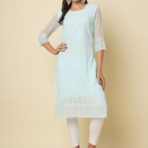 Chikankari, Embroidered and Thread Work Georgette Designer Kurti In Aqua Blue for Casual