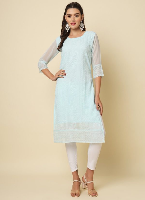 Chikankari, Embroidered and Thread Work Georgette Designer Kurti In Aqua Blue for Casual