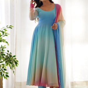 Competent Blue Georgette Readymade Salwar Suit with Print Work