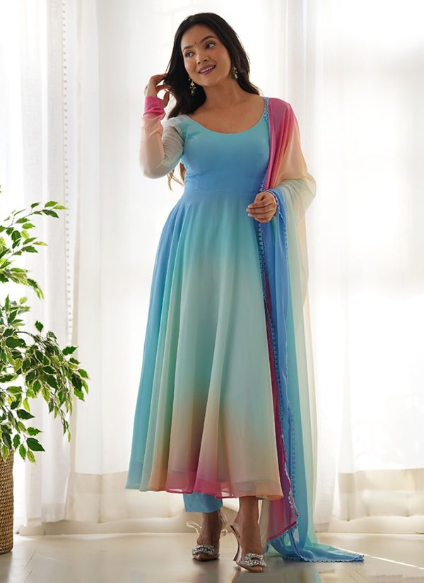 Competent Blue Georgette Readymade Salwar Suit with Print Work