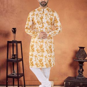 Cotton Kurta Pyjama In Yellow