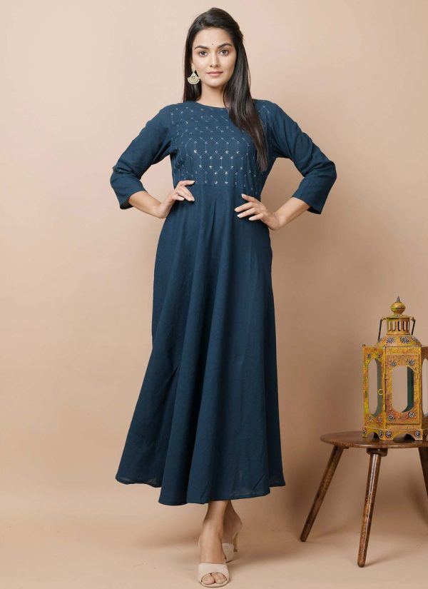 Cotton Teal Sequins Casual Kurti