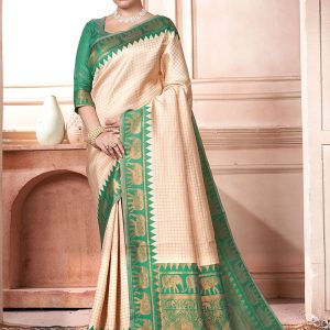 Cream and Green Woven Work Kanjivaram Silk Contemporary Saree