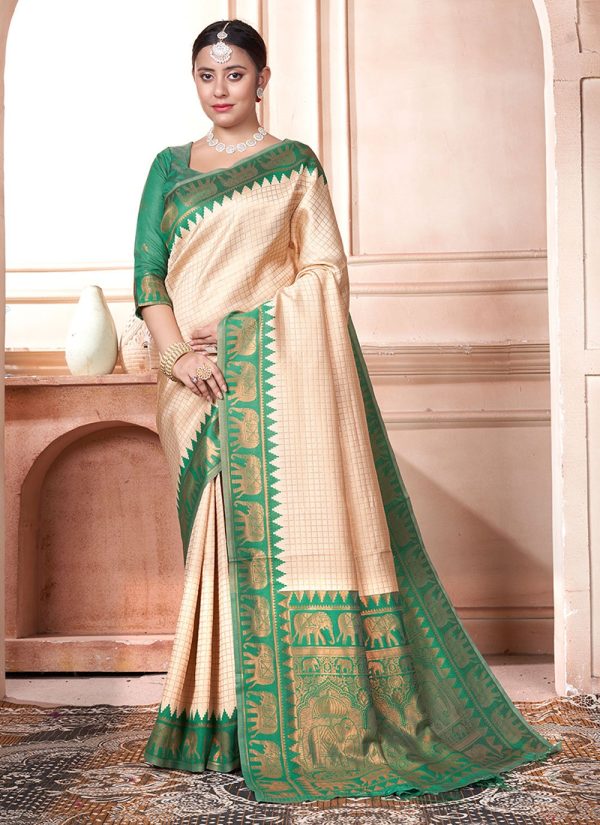 Cream and Green Woven Work Kanjivaram Silk Contemporary Saree