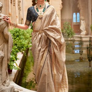 Cream Banarasi Silk Contemporary Sari with Jacquard and Weaving Work