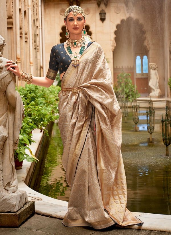 Cream Banarasi Silk Contemporary Sari with Jacquard and Weaving Work