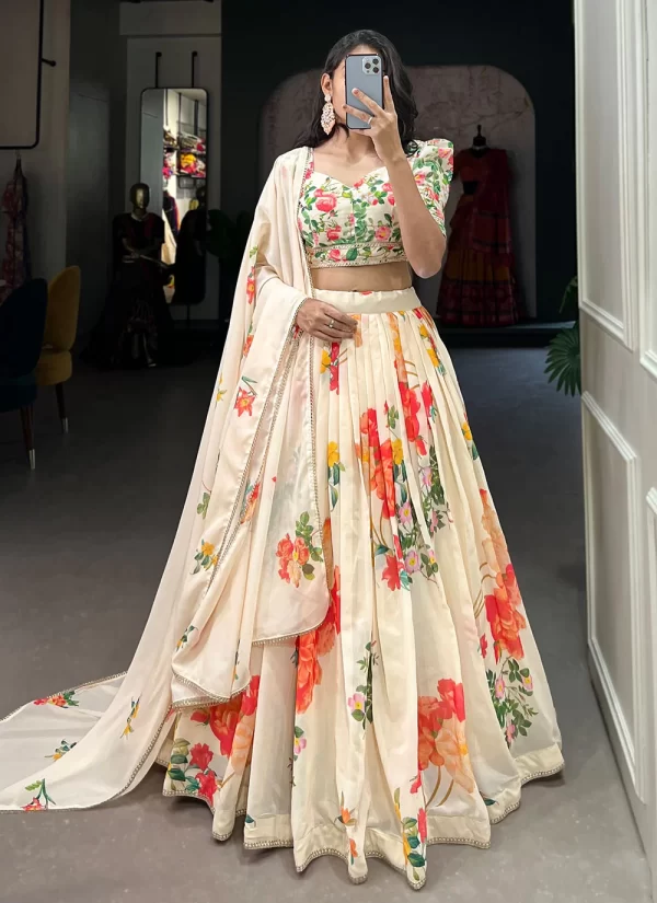 Cream Georgette Lehenga Choli with Patch Border, Floral Patch and Lace Work