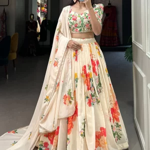Cream Georgette Lehenga Choli with Patch Border, Floral Patch and Lace Work