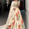 Cream Georgette Lehenga Choli with Patch Border, Floral Patch and Lace Work