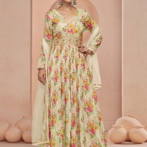Cream Net Hand and Print Work  Designer Gown