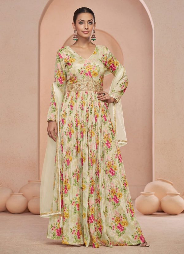 Cream Net Hand and Print Work  Designer Gown