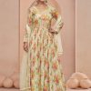 Cream Net Hand and Print Work  Designer Gown