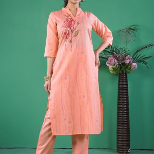 Delightsome Peach Blended Cotton Party Wear Kurti