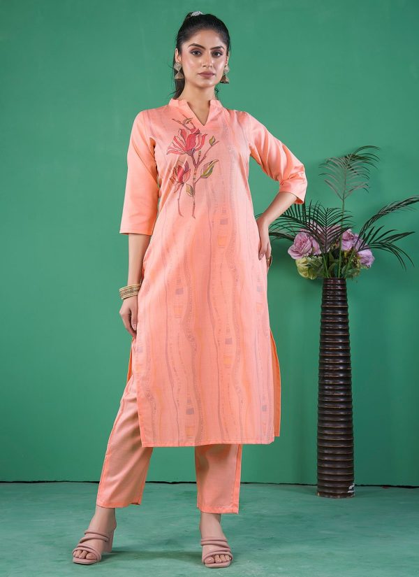 Delightsome Peach Blended Cotton Party Wear Kurti