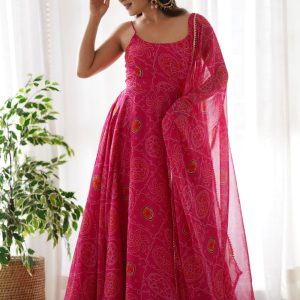 Digital Print Work Pure Chiffon Designer Gown In Rani