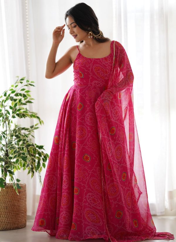 Digital Print Work Pure Chiffon Designer Gown In Rani