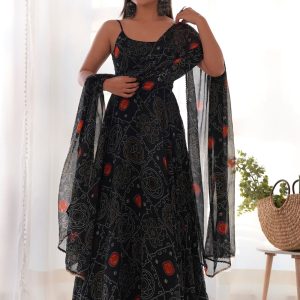 Digital Print Work Pure Chiffon Gown In Blue for Ceremonial