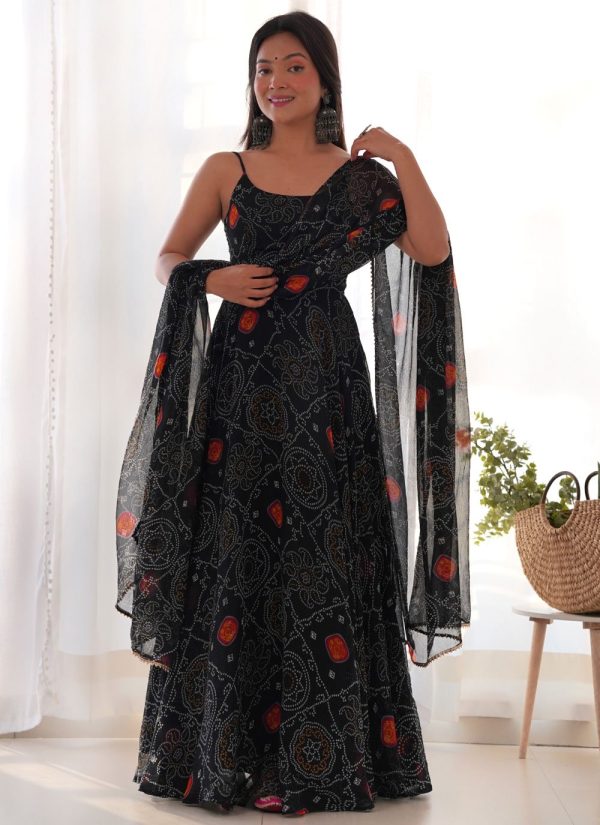 Digital Print Work Pure Chiffon Gown In Blue for Ceremonial