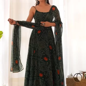 Digital Print Work Pure Chiffon Gown In Green