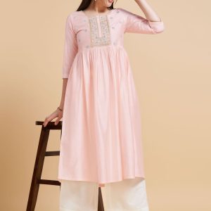 Dignified Pink Silk Party Wear Kurti with Embroidered Work