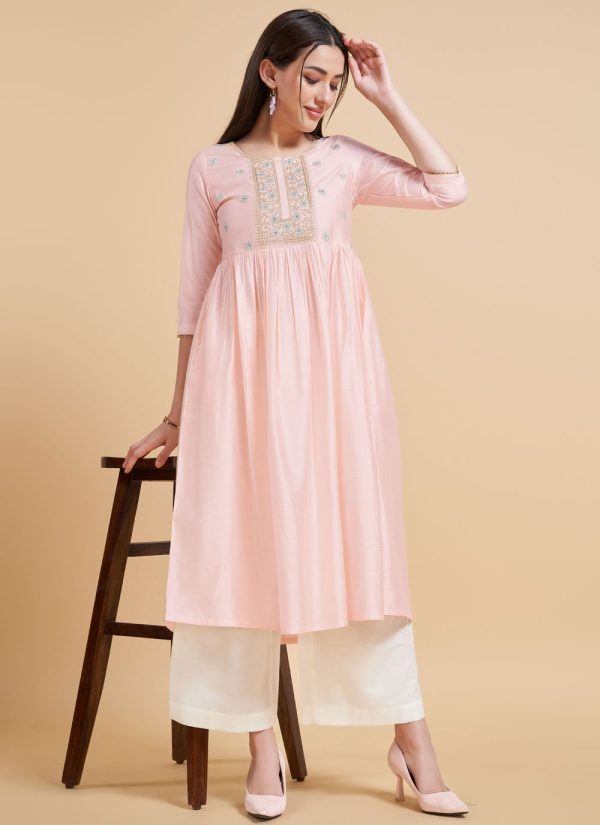Dignified Pink Silk Party Wear Kurti with Embroidered Work