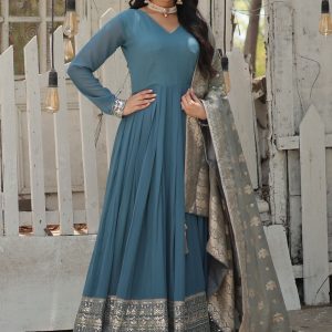 Embroidered and Sequins Work Faux Georgette  Designer Gown In Blue