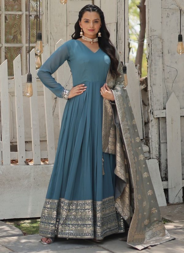 Embroidered and Sequins Work Faux Georgette  Designer Gown In Blue
