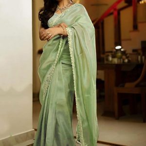 Embroidered and Sequins Work Silk Classic Sari In Sea Green for Ceremonial