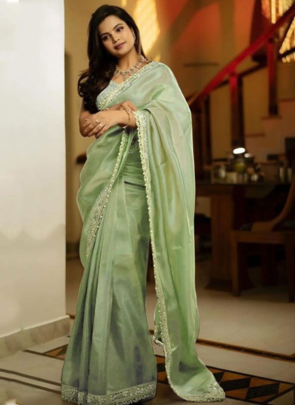 Embroidered and Sequins Work Silk Classic Sari In Sea Green for Ceremonial