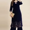 Embroidered Navy Blue Velvet Casual Kurti