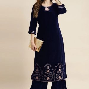 Embroidered Navy Blue Velvet Casual Kurti