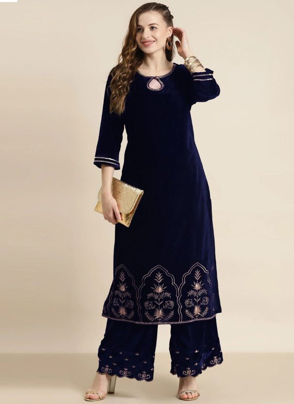 Embroidered Navy Blue Velvet Casual Kurti