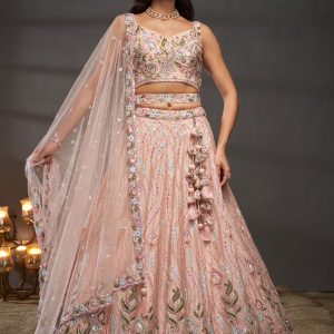 Embroidered, Sequins and Thread Work Chiffon Lehenga Choli In Peach