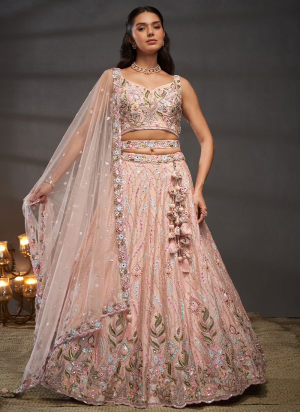 Embroidered, Sequins and Thread Work Chiffon Lehenga Choli In Peach