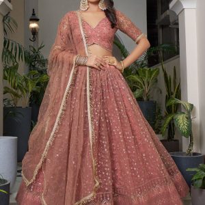 Embroidered, Sequins and Thread Work Net Lehenga Choli In Rust for Festival