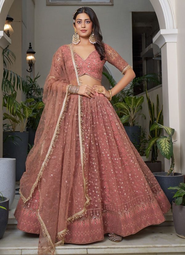 Embroidered, Sequins and Thread Work Net Lehenga Choli In Rust for Festival