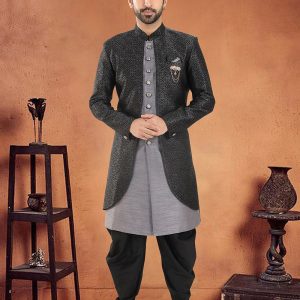 Embroidered, Sequins and Thread Work Silk Sherwani Mens Wear In Grey