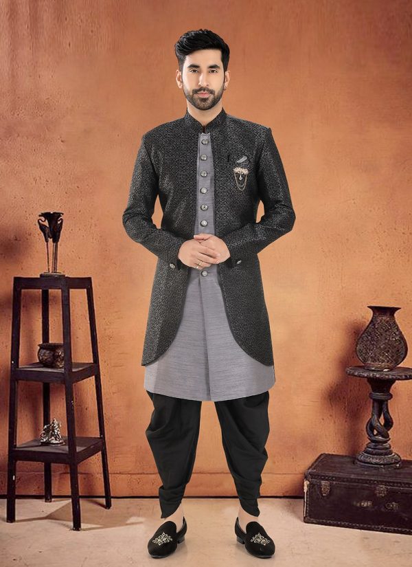 Embroidered, Sequins and Thread Work Silk Sherwani Mens Wear In Grey